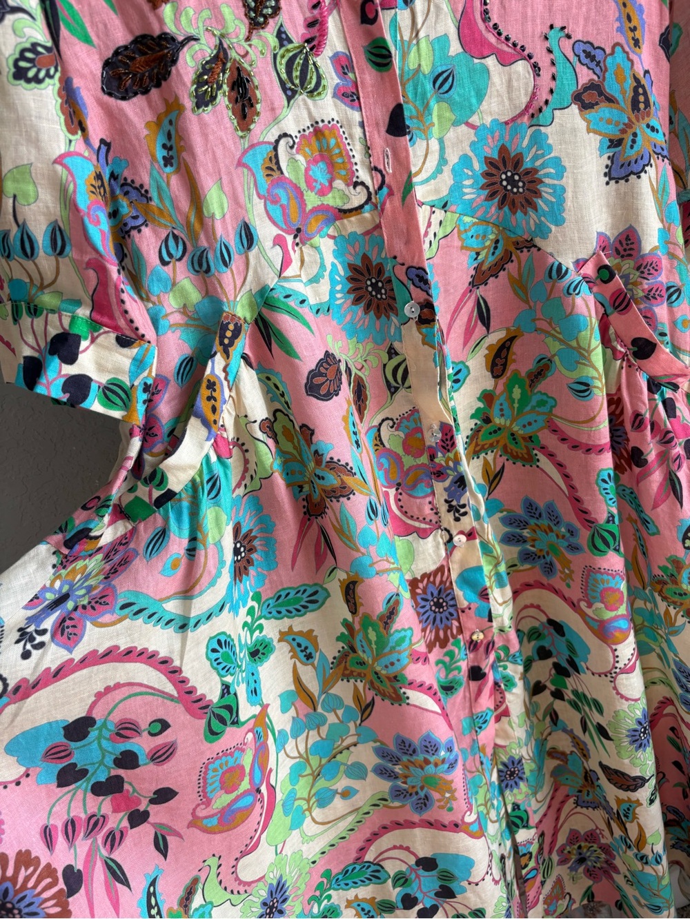Anjuna Collection Embellished Floral Cotton Maxi Shirt Dress US12 Made in Italy - Picture 12 of 16